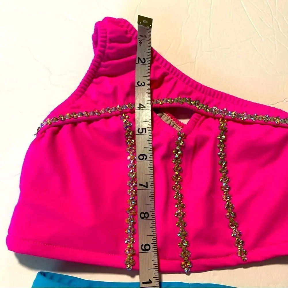 Custom made solo dance costume hot pink neon rhinestone 2 piece illusion 10